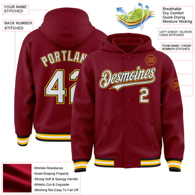 Custom Crimson Black-Gold Bomber Full-Snap Varsity Letterman Hoodie Jacket