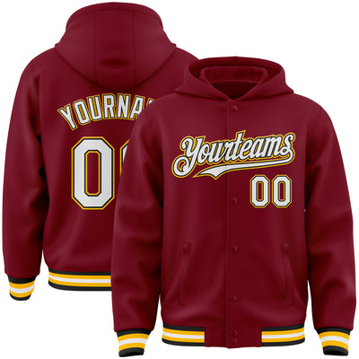 Custom Crimson Black-Gold Bomber Full-Snap Varsity Letterman Hoodie Jacket