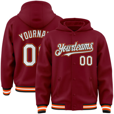 Custom Crimson Black-Orange Bomber Full-Snap Varsity Letterman Hoodie Jacket