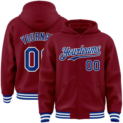 Custom Crimson Royal-White Bomber Full-Snap Varsity Letterman Hoodie Jacket