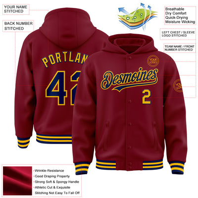 Custom Crimson Navy-Gold Bomber Full-Snap Varsity Letterman Hoodie Jacket