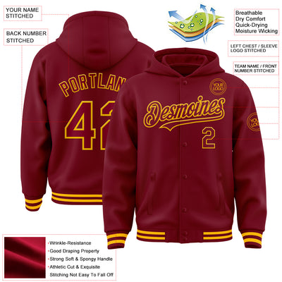 Custom Crimson Gold Bomber Full-Snap Varsity Letterman Hoodie Jacket