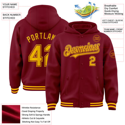 Custom Crimson Gold Bomber Full-Snap Varsity Letterman Hoodie Jacket