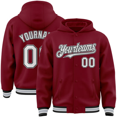 Custom Crimson Black-Gray Bomber Full-Snap Varsity Letterman Hoodie Jacket