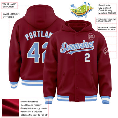 Custom Crimson Light Blue-White Bomber Full-Snap Varsity Letterman Hoodie Jacket