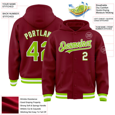 Custom Crimson Neon Green-White Bomber Full-Snap Varsity Letterman Hoodie Jacket