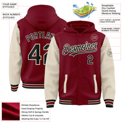 Custom Crimson Black-Cream Bomber Full-Snap Varsity Letterman Two Tone Hoodie Jacket