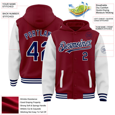 Custom Crimson Navy-White Bomber Full-Snap Varsity Letterman Two Tone Hoodie Jacket