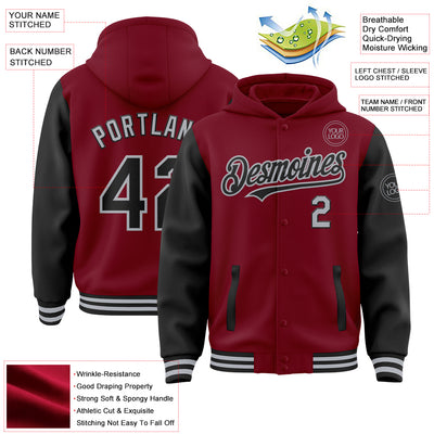 Custom Crimson Black-Gray Bomber Full-Snap Varsity Letterman Two Tone Hoodie Jacket