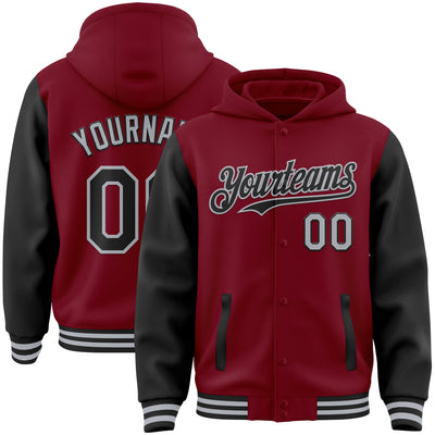 Custom Crimson Black-Gray Bomber Full-Snap Varsity Letterman Two Tone Hoodie Jacket