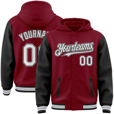 Custom Crimson Black-Gray Bomber Full-Snap Varsity Letterman Two Tone Hoodie Jacket