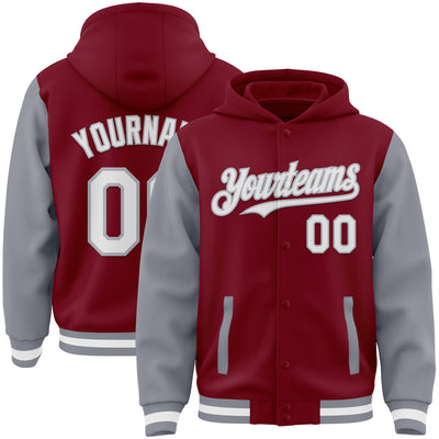 Custom Crimson White-Gray Bomber Full-Snap Varsity Letterman Two Tone Hoodie Jacket