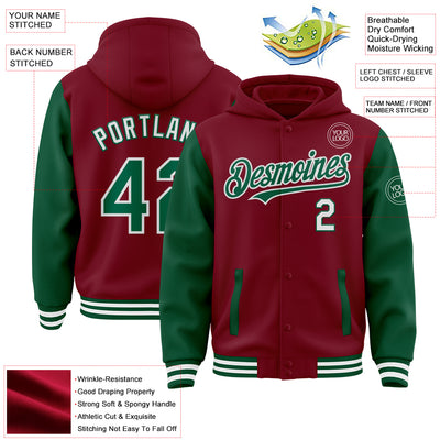 Custom Crimson Kelly Green-White Bomber Full-Snap Varsity Letterman Two Tone Hoodie Jacket