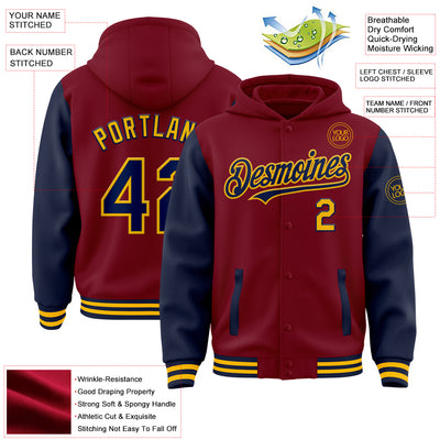 Custom Crimson Navy-Gold Bomber Full-Snap Varsity Letterman Two Tone Hoodie Jacket