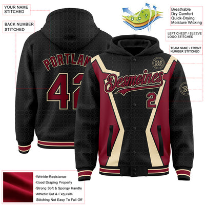 Custom Black Crimson-City Cream Arrow 3D Pattern Design Bomber Full-Snap Varsity Letterman Hoodie Jacket