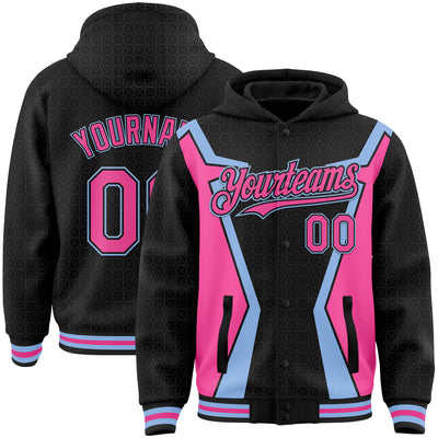 Custom Black Pink-Light Blue Arrow 3D Pattern Design Bomber Full-Snap Varsity Letterman Hoodie Jacket