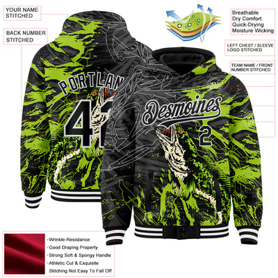 Custom Black Neon Green-White Snakehead Fish Fishing 3D Bomber Full-Snap Varsity Letterman Hoodie Jacket