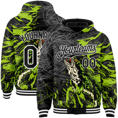 Custom Black Neon Green-White Snakehead Fish Fishing 3D Bomber Full-Snap Varsity Letterman Hoodie Jacket