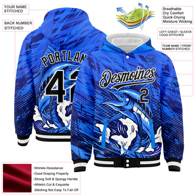 Custom Royal Black-White Marlin Fish Fishing 3D Bomber Full-Snap Varsity Letterman Hoodie Jacket