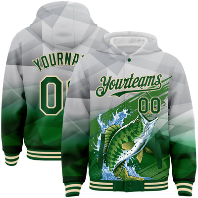 Custom Gray Green-Cream Largemouth Bass Fish Fishing 3D Bomber Full-Snap Varsity Letterman Hoodie Jacket