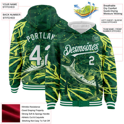 Custom Kelly Green White Largemouth Bass Fish Fishing 3D Bomber Full-Snap Varsity Letterman Hoodie Jacket