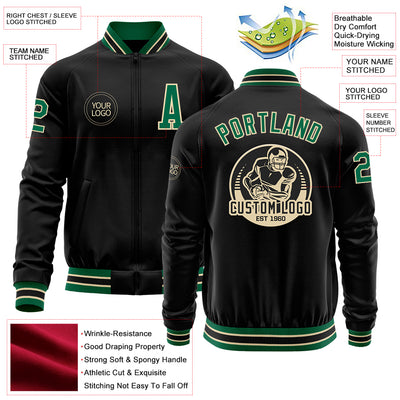 Custom Black Kelly Green-Cream Bomber Varsity Letterman Zipper Jacket