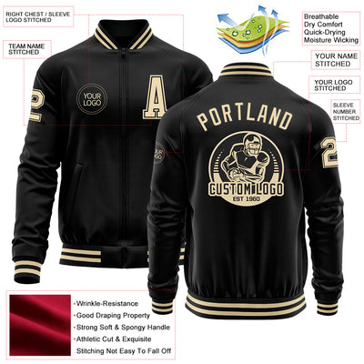 Custom Black Cream Bomber Varsity Letterman Zipper Jacket