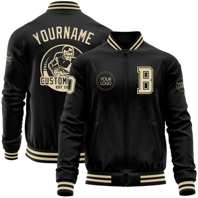 Custom Black Cream Bomber Varsity Letterman Zipper Jacket