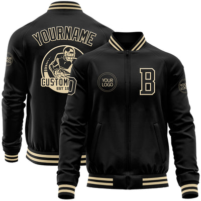 Custom Black Cream Bomber Varsity Letterman Zipper Jacket