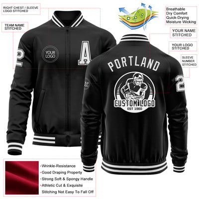 Custom Black White Bomber Varsity Letterman Zipper Jacket