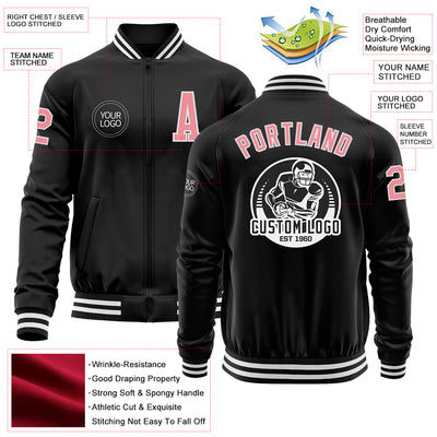 Custom Black Medium Pink-White Bomber Varsity Letterman Zipper Jacket