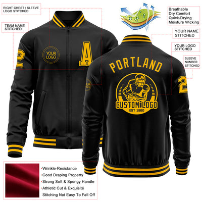 Custom Black Gold Bomber Varsity Letterman Zipper Jacket