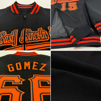 Custom Black Orange Bomber Varsity Letterman Zipper Jacket