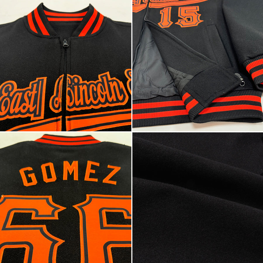 Custom Black Orange Bomber Varsity Letterman Zipper Jacket