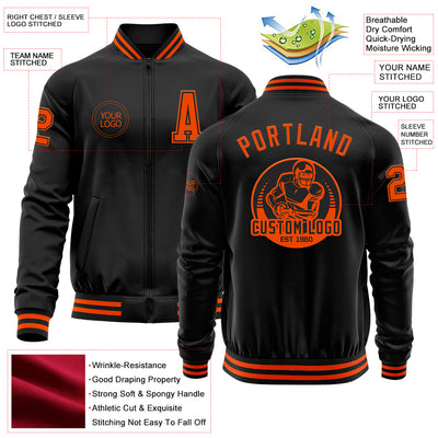 Custom Black Orange Bomber Varsity Letterman Zipper Jacket