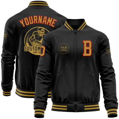 Custom Black Old Gold-Red Bomber Varsity Letterman Zipper Jacket