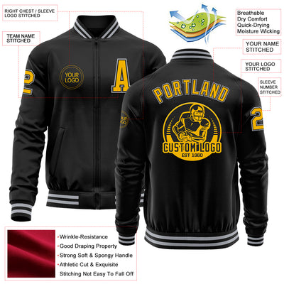 Custom Black Gold-Gray Bomber Varsity Letterman Zipper Jacket