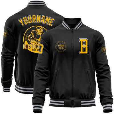 Custom Black Gold-Gray Bomber Varsity Letterman Zipper Jacket