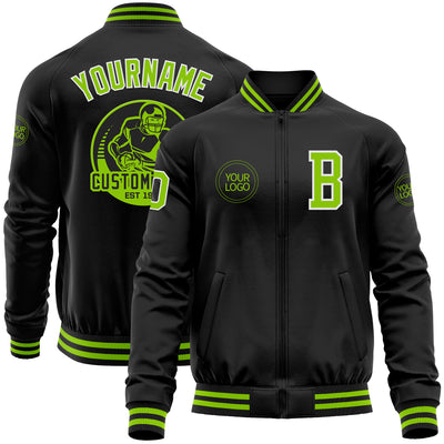 Custom Black Neon Green-White Bomber Varsity Letterman Zipper Jacket