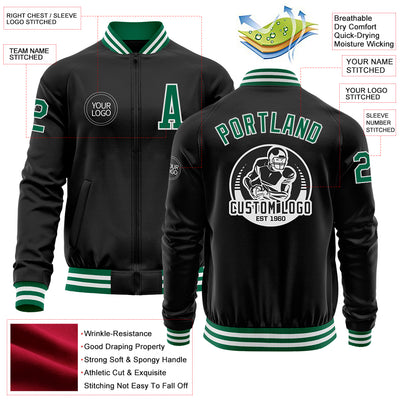 Custom Black Kelly Green-White Bomber Varsity Letterman Zipper Jacket