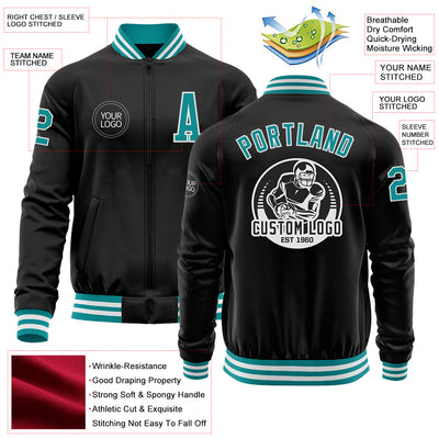 Custom Black Teal-White Bomber Varsity Letterman Zipper Jacket