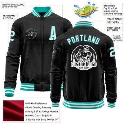 Custom Black White-Aqua Bomber Varsity Letterman Zipper Jacket