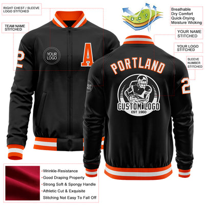 Custom Black Orange-White Bomber Varsity Letterman Zipper Jacket