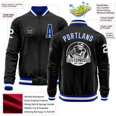 Custom Black Royal-White Bomber Varsity Letterman Zipper Jacket