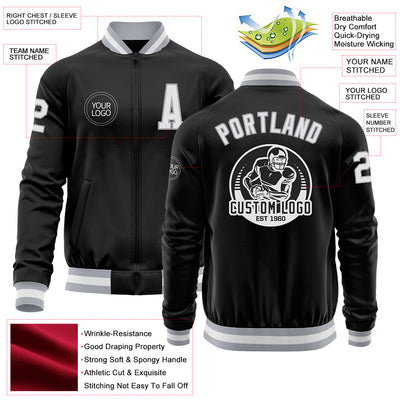 Custom Black White-Gray Bomber Varsity Letterman Zipper Jacket