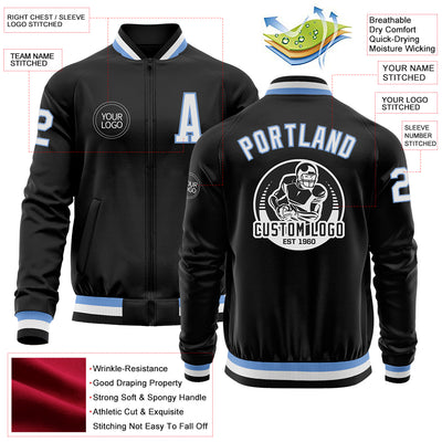 Custom Black Light Blue-White Bomber Varsity Letterman Zipper Jacket