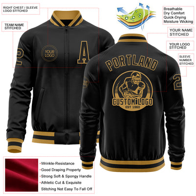 Custom Black Old Gold Bomber Varsity Letterman Zipper Jacket