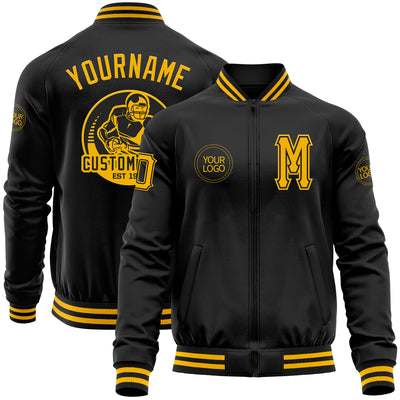 Custom Black Gold Bomber Varsity Letterman Zipper Jacket