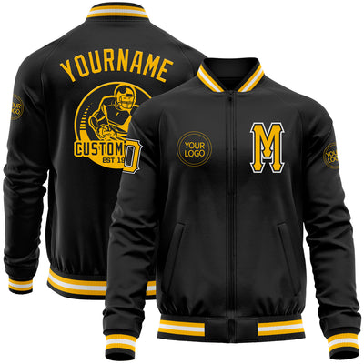 Custom Black Gold-White Bomber Varsity Letterman Zipper Jacket