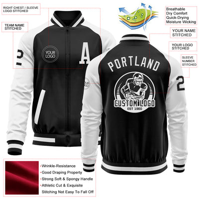 Custom Black White Bomber Varsity Letterman Two Tone Zipper Jacket